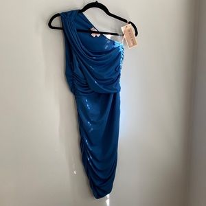 New Hale Bob One Shoulder Draped dress with ruching teal Vintage Label